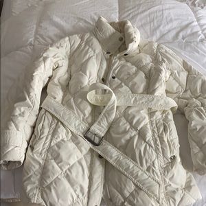 Lands End mid length white puffer- removable hood